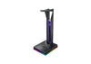 ASUS ROG Thorne QI/EU/AS headphone stand holding gaming headphones, black design with ASUS logo and ergonomic shape.