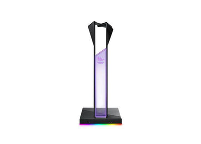 ASUS ROG Thorne QI EU headphone stand holding gaming headphones with sleek black design and ASUS logo visible.