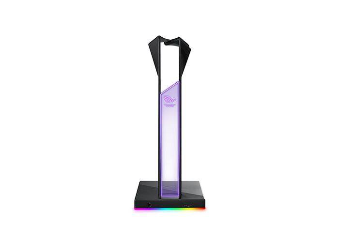 ASUS ROG Thorne QI EU headphone stand holding gaming headphones with sleek black design and ASUS logo visible.