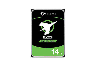 Seagate 14TB HDD solid disk drive with black casing and label displaying model ST14000NM001G on a white background.