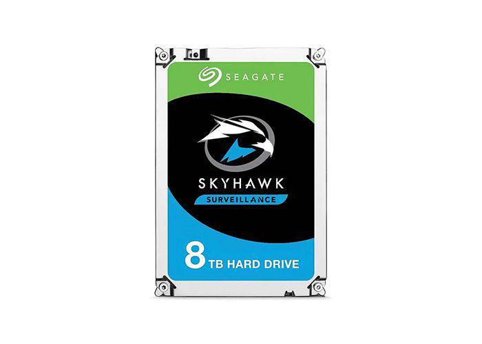 Seagate 8TB internal hard disk drive (HDD) with solid-state design, shown in black with label and ports visible.