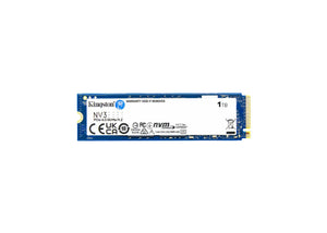 Kingston 1000GB NV3 M.2 2280 PCIe 4.0 NVMe SSD showing the sleek black M.2 solid state drive with branding and connector.