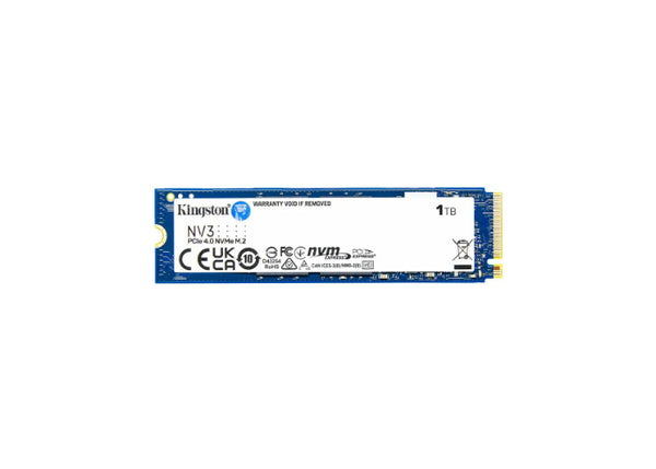 Kingston 1000GB NV3 M.2 2280 PCIe 4.0 NVMe SSD showing the sleek black M.2 solid state drive with branding and connector.