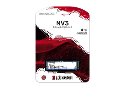 Kingston 4000G NV3 M.2 2280 PCIe 4.0 NVMe SSD showing the sleek black storage device with Kingston branding