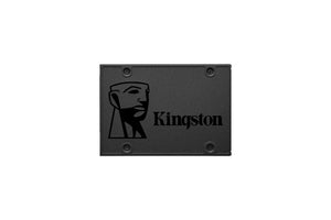Kingston A400 SATA 240GB SSD with sleek design and label visible, showcasing storage capacity and brand details.