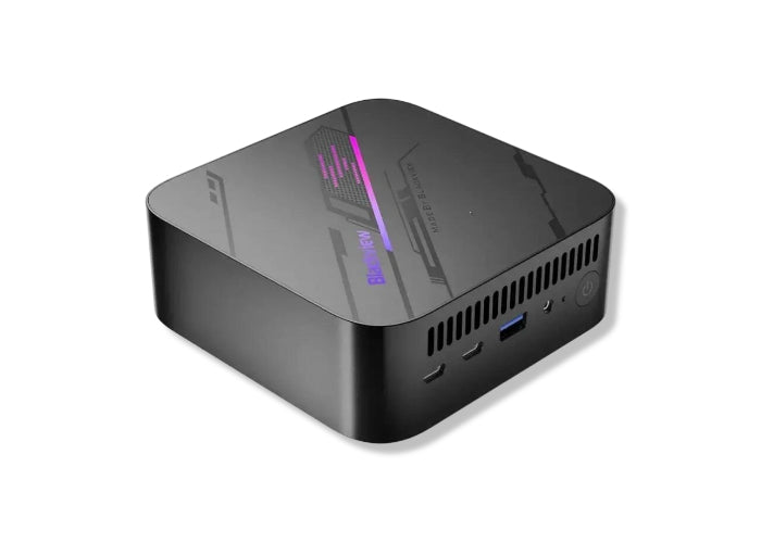 Μίνι υπολογιστής Blackview MP100 Pro με επεξεργαστή i3-1215U σε μαύρο χρώμα, μπροστινή όψη και θύρες USB και HDMI.