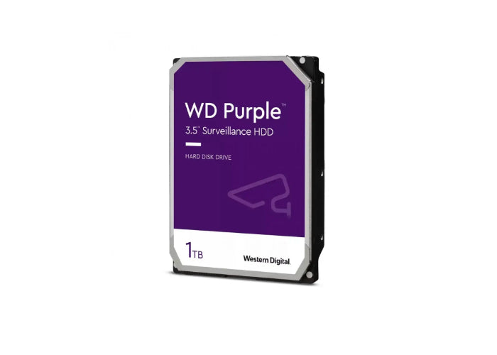 Western Digital 1TB Purple hard drive, solid disk storage device with black casing and label visible.