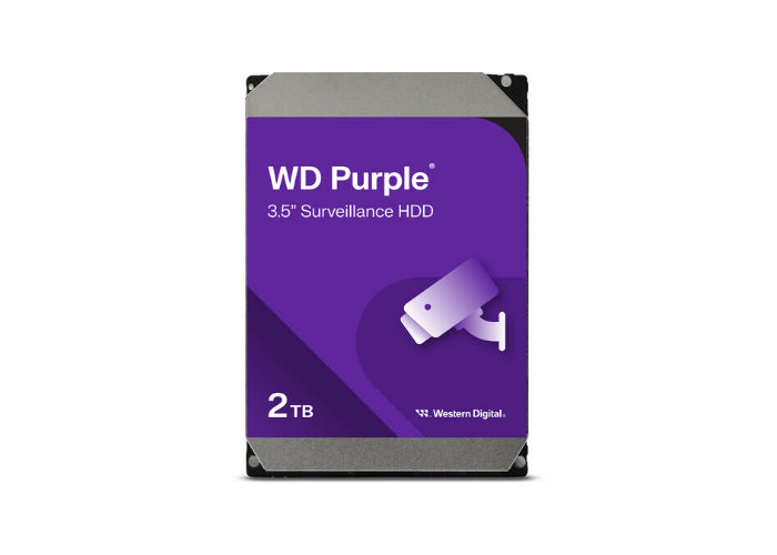 Western Digital 2TB Purple hard drive showing the WD logo and model WD23PURZ with a sleek black design.