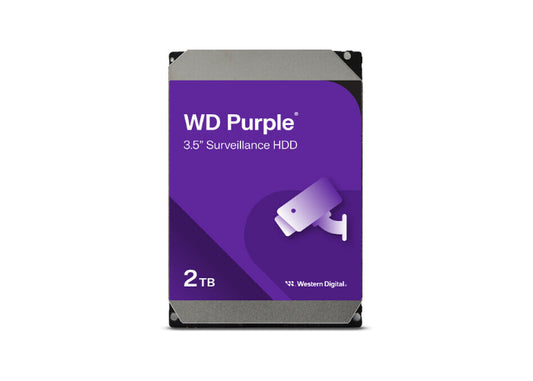 Western Digital 2TB Purple hard drive showing the WD logo and model WD23PURZ with a sleek black design.