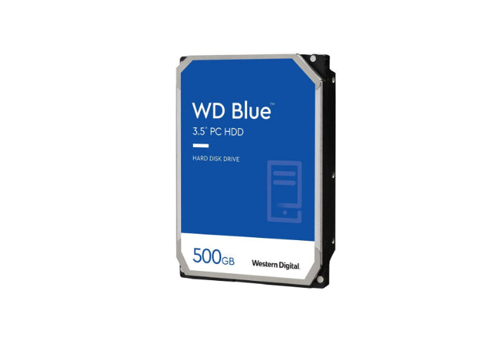Western Digital WD Blue 500GB solid state drive with black and blue label, showing branding and storage capacity.
