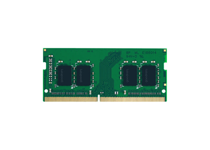 Goodram DDR4 16GB 3200MHz CL22 SODIMM RAM module for laptops, with black PCB and gold connector pins.