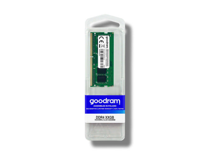 Goodram DDR4 8GB RAM module with 3200MHz speed, showing the branded memory stick with label and gold contact pins.