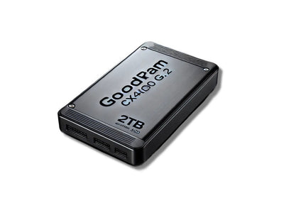 GOODRAM 2TB CX400 G.2 SSD with a 2.5-inch SATA III interface, showcasing its sleek design and storage capacity.