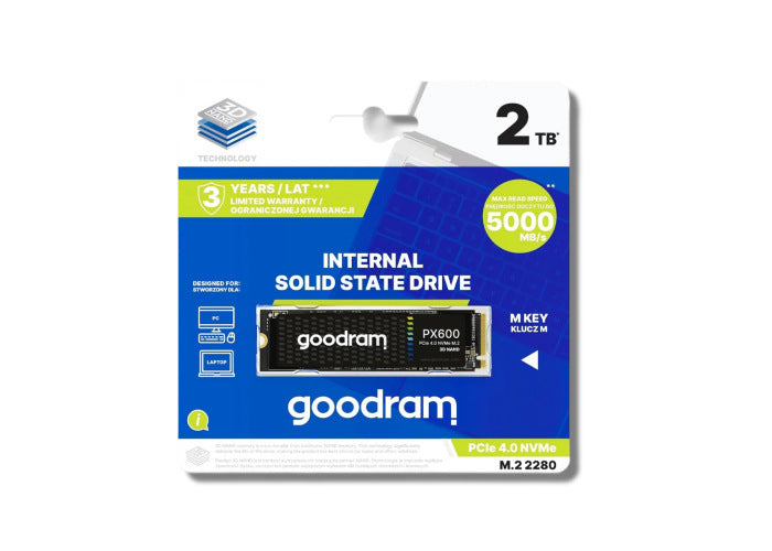 GOODRAM PX600 2000GB PCIe 4x4 M.2 2280 SSD with sleek design and compact size for enhanced storage performance.