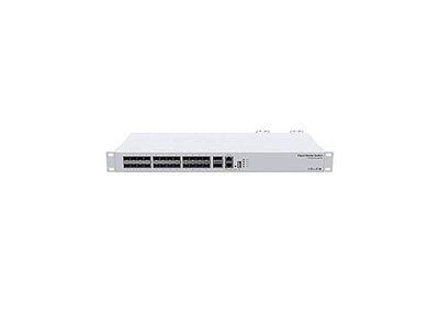 MikroTik CRS326-24S+2Q+RM managed switch with 24 SFP ports and 2 QSFP+ ports, featuring rack-mount design and network connectivity.