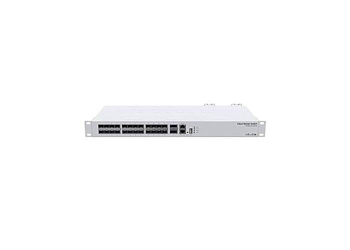 MikroTik CRS326-24S+2Q+RM managed switch with 24 SFP ports and 2 QSFP+ ports, featuring rack-mount design and network connectivity.