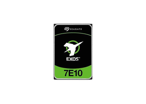 Seagate Exos 7E10 4TB solid hard drive showing black casing and model details for data storage.