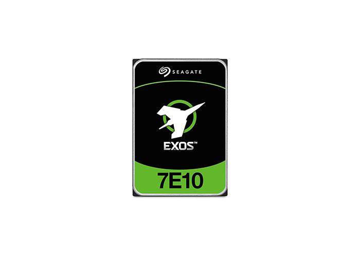 Seagate Exos 7E10 4TB solid hard drive showing black casing and model details for data storage.
