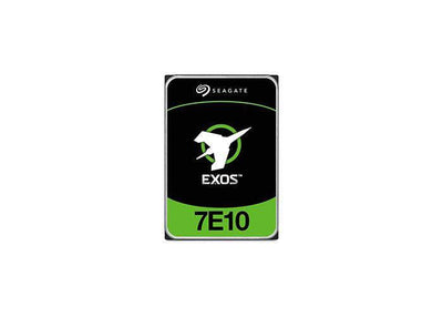Seagate Exos 7E10 6TB internal hard drive with SATA 3 interface, black rectangular metal disk for data storage.