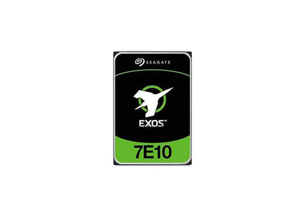 Seagate Exos 7E10 6TB internal hard drive with SATA 3 interface, black rectangular metal disk for data storage.