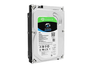 Seagate 2TB SkyHawk surveillance hard drive, solid disk HDD with black casing, designed for security system storage.