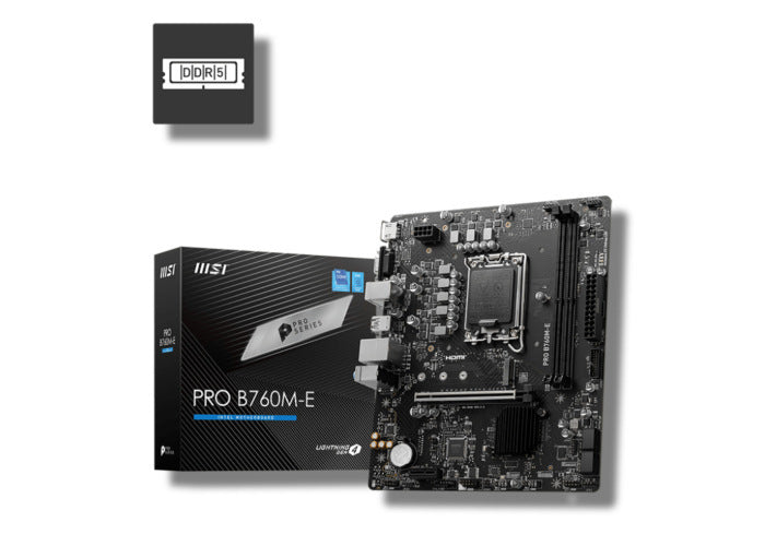 MSI PRO B760M-E motherboard with LGA 1700 socket, DDR4 slots, and Intel B760 chipset, shown in the image.