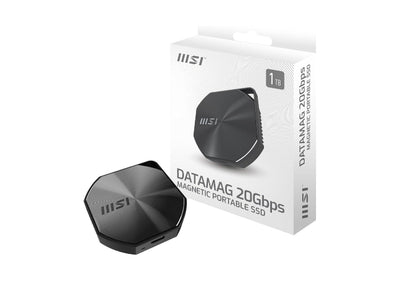 MSI DATAMAG 1TB portable SSD with 20Gbps speed and magnetic design, showcasing sleek exterior and compact size.