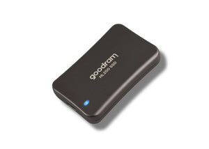 GOODRAM external 512GB HL200 SSD with USB Type-C and A connectors, showcasing sleek design and compact size.