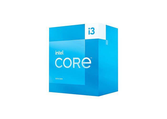 Intel Core i3-13100 processor with heatsink, showing the compact CPU unit and branding for desktop computing.