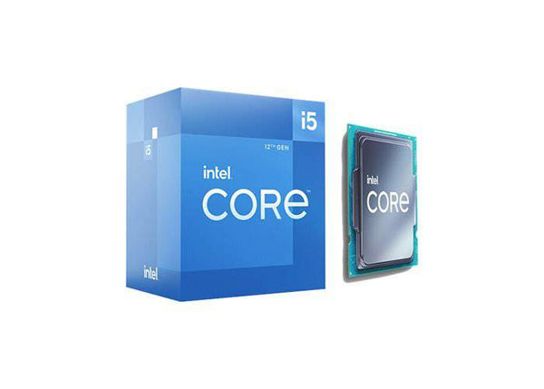 Intel Core i5-12400 processor with a sleek design, featuring multiple pins and branding visible on the processor chip.