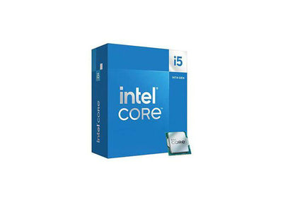 Intel Core i5-14400F processor showing a sleek black CPU with branding, designed for high-performance desktop computers.