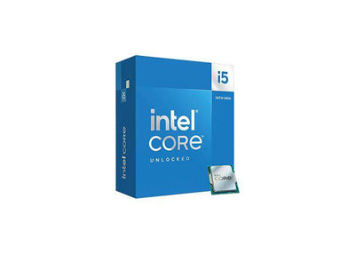 Intel Core i5-14600K processor from Intel, showing the black CPU with branding and detailed heat spreader.