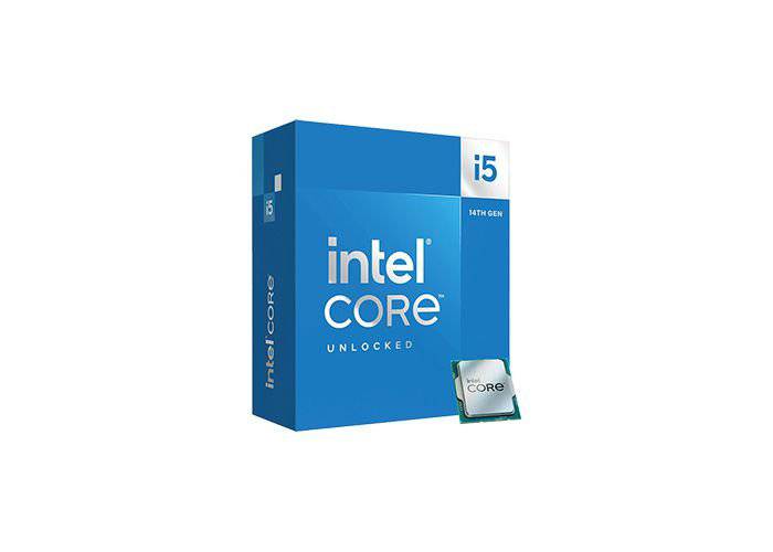 Intel Core i5-14600K processor from Intel, showing the black CPU with branding and detailed heat spreader.