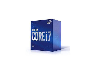 Intel Core i7-10700F processor image showing the black desktop CPU with cooling fan and Intel branding.