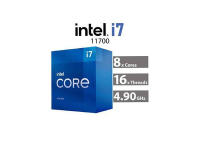 Intel Core i7-11700 processor with a sleek design, shown in a close-up view highlighting its branding and detailed surface.