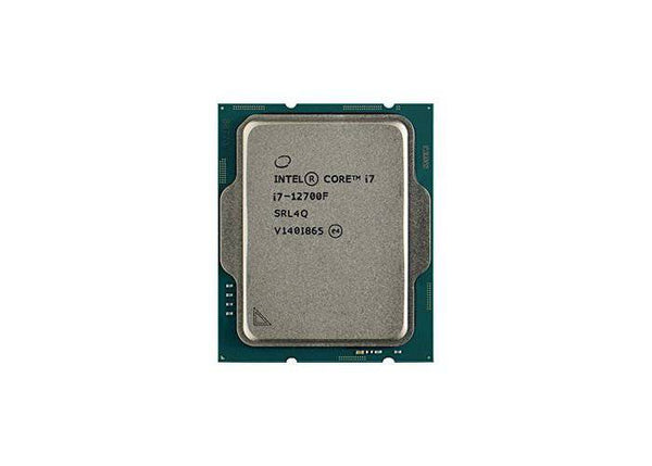 Intel Core i7-12700F processor, close-up of the black CPU with branding and heat spreader, showcasing the Intel branding and model details.