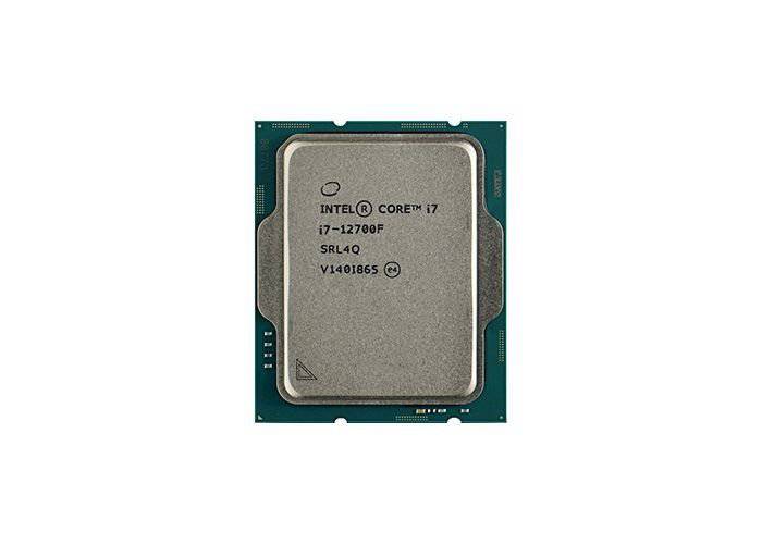 Intel Core i7-12700F processor, close-up of the black CPU with branding and heat spreader, showcasing the Intel branding and model details.