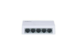 Dahua DH-PFS3005-5ET-L PoE switch with multiple Ethernet ports, black plastic housing, and LED indicators for network connections.