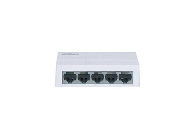 Dahua DH-PFS3005-5ET-L PoE switch with multiple Ethernet ports, black plastic housing, and LED indicators for network connections.