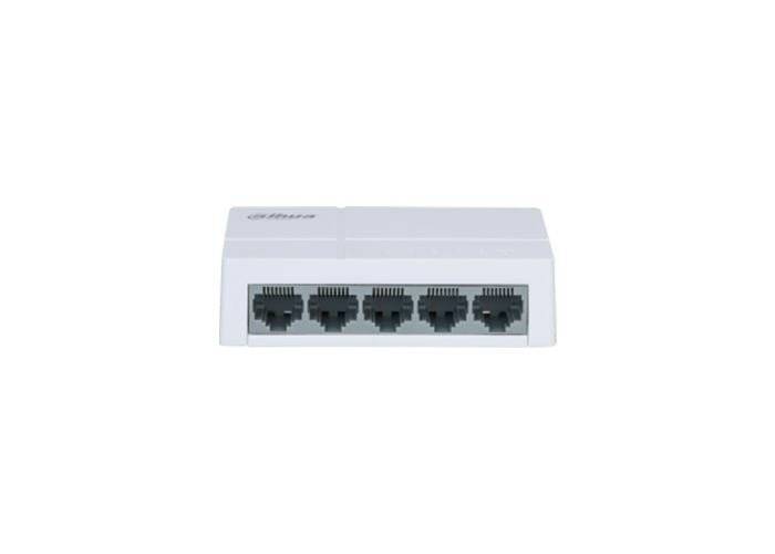 Dahua DH-PFS3005-5ET-L PoE switch with multiple Ethernet ports, black plastic housing, and LED indicators for network connections.