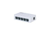 Dahua DH-PFS3005-5ET-L PoE switch with five Ethernet ports, black metal casing, and LED indicators for network connectivity.
